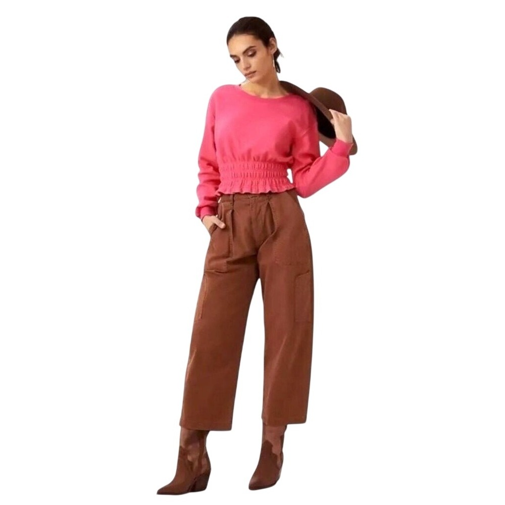 Maeve Anthropologie Pink Textured Smocked Waist Cropped Sweatshirt Medium